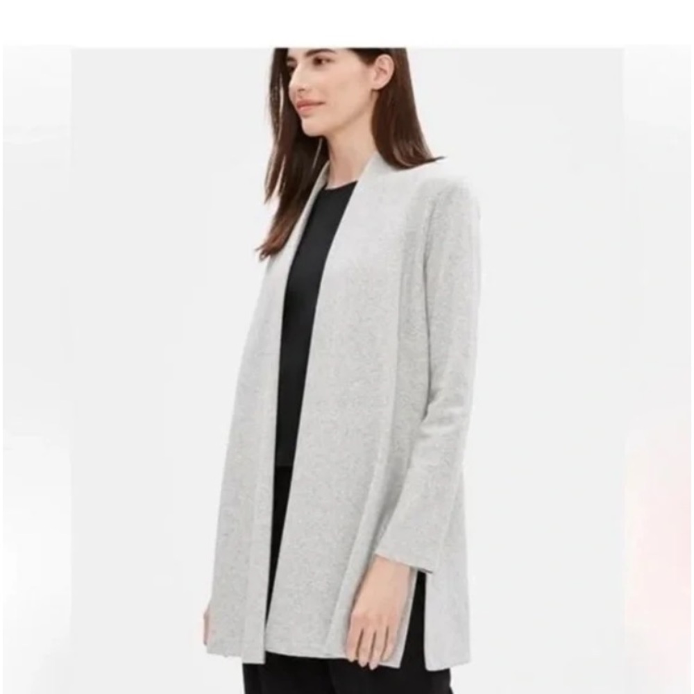 Eileen Fisher Herringbone Longline Lagenlook Open Front Cardigan sweater